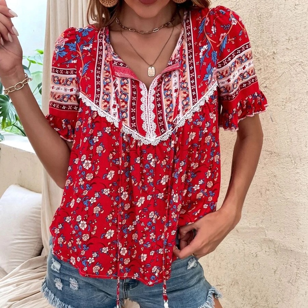 Boho Floral Print Ruffle Puff Sleeve Blouse